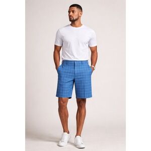 Walter Hagen Golf Shorts Mens 34 Blue Windowpane Plaid Flat Front Stretch Sporty